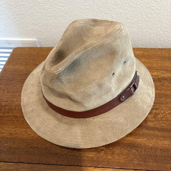 Eddie Bauer Hat Cowboy Strap Back Large Tan Brown Suede Leather Outdoor Mens - Picture 1 of 12
